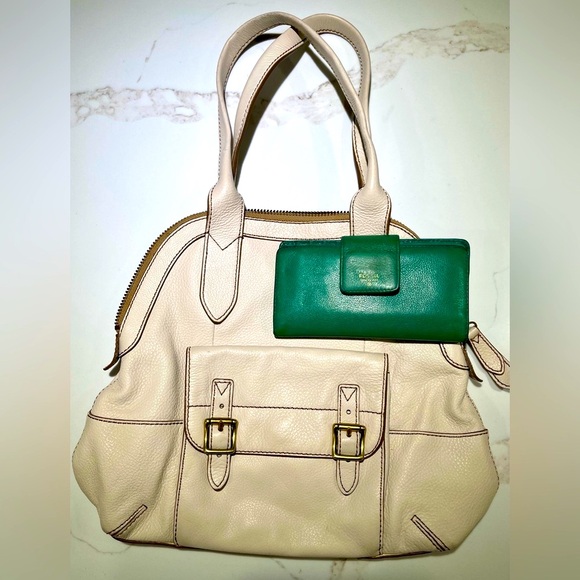 FOSSIL Bag & FREE Wallet, Tate Dome Shoulder Satchel, Cream and Green Wallet - Picture 3 of 17